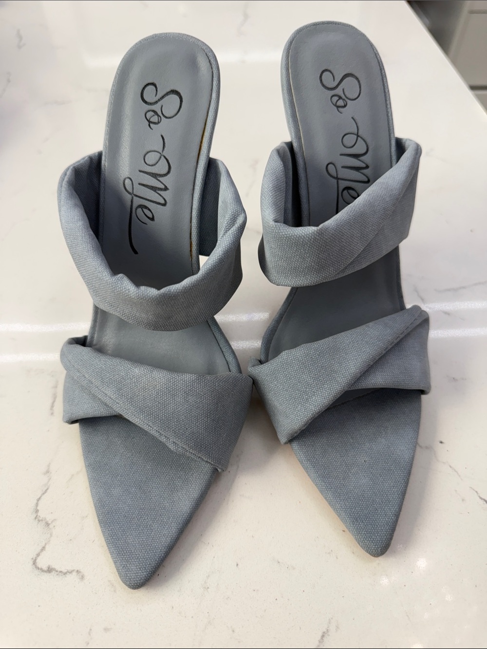 So Me Pointed Mule Heels in Light Gray